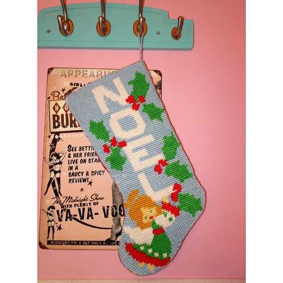 Vintage Handmade Needlepoint Noel Christmas Stocking holly hand crafted retro - Picture 5 of 6
